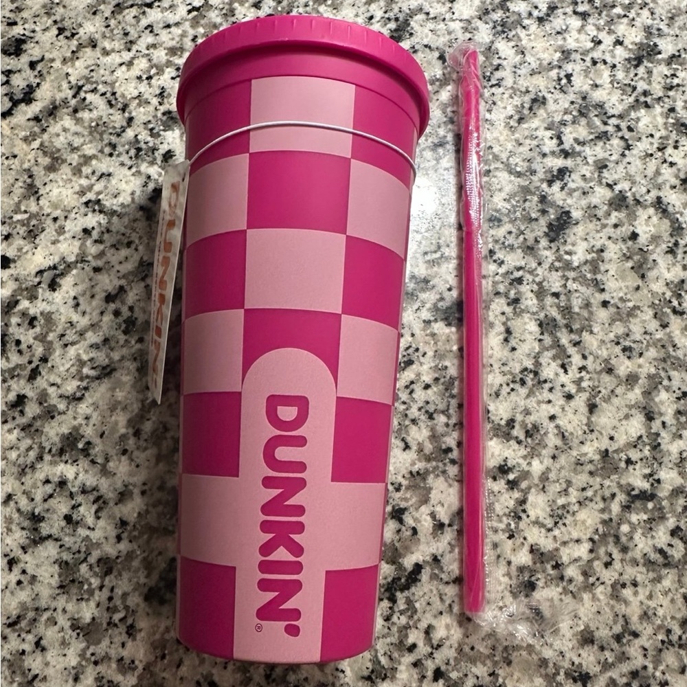 NWT Dunkin' Pink Checkered Tumbler with Straw